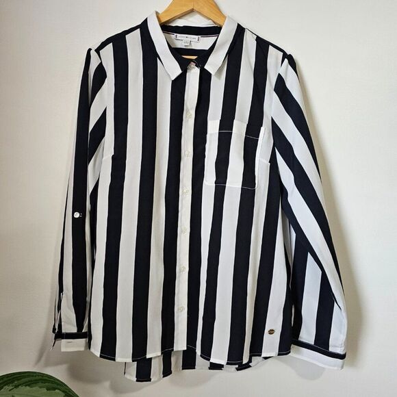 NEW WITHOUT TAGS TOMMY HILFIGER BLACK WHITE STRIPED BUTTON DOWN SHIRT XL - Picture 2 of 16
